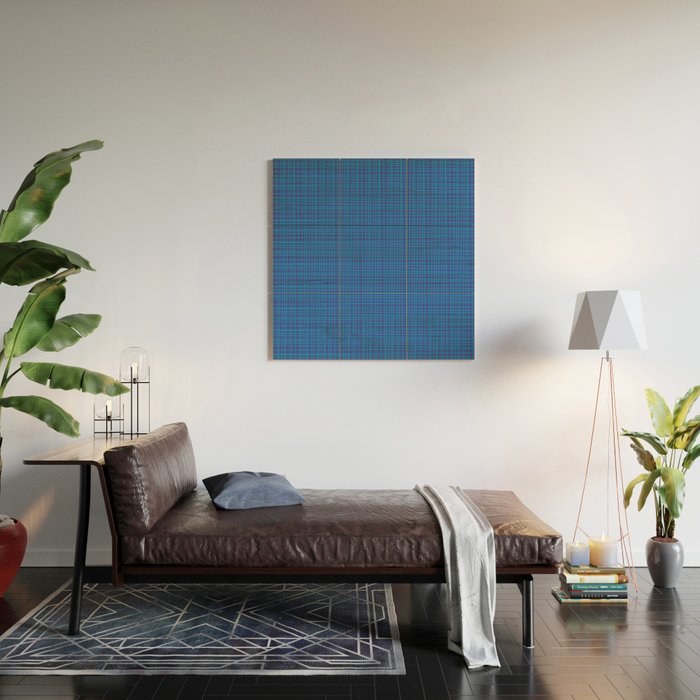 Blue Fine Weave Mid Century Modern Minimalist Woven Line Pattern Wood Wall Art Gallery Image 2