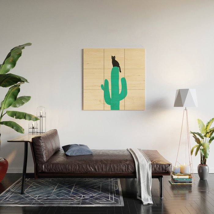 Cat on cactus Wood Wall Art Gallery Image 2