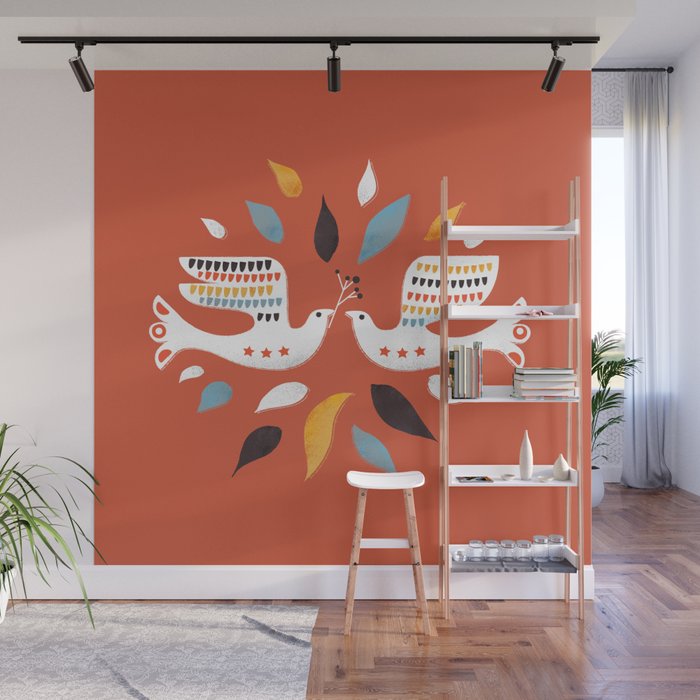 Festive doves - folk illustration Wall Mural Gallery Image 1