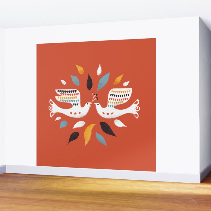 Festive doves - folk illustration Wall Mural Gallery Image 2