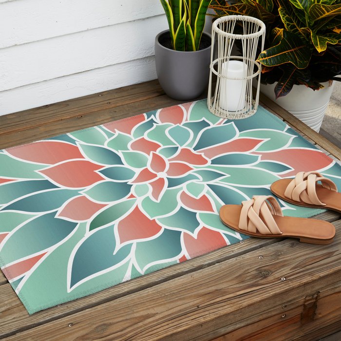 Festive, Floral Prints, Art Designs, Coral, Teal and Green Outdoor Rug Gallery Image 2