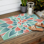 Festive, Floral Prints, Art Designs, Coral, Teal and Green Outdoor Rug Gallery Image 2