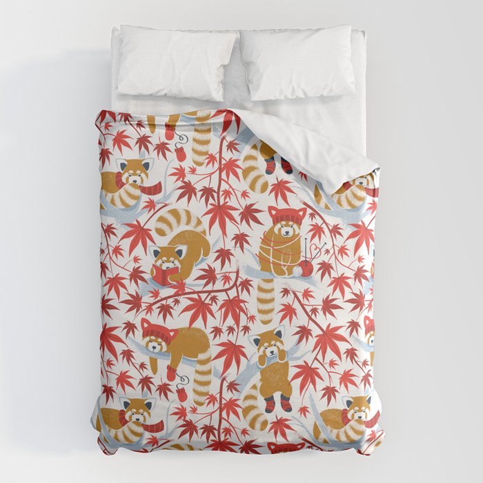 Red panda blending with the foliage // white background desert sun brown cozy animals fog blue tree branches red acer leaves Duvet Cover Gallery Image 6