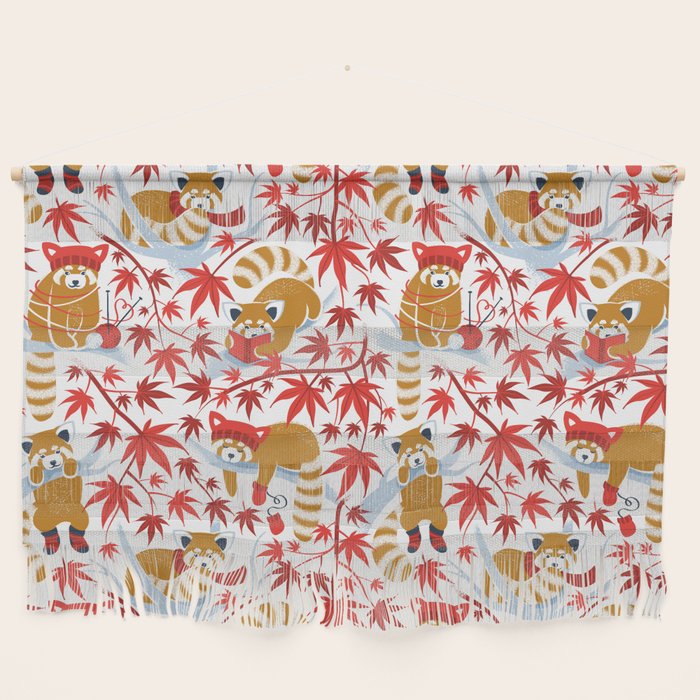 Red panda blending with the foliage // white background desert sun brown cozy animals fog blue tree branches red acer leaves Wall Hanging Gallery Image 1
