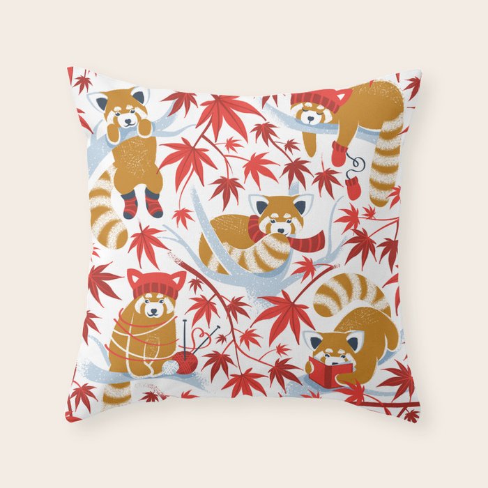 Red panda blending with the foliage // white background desert sun brown cozy animals fog blue tree branches red acer leaves Throw Pillow Gallery Image 6