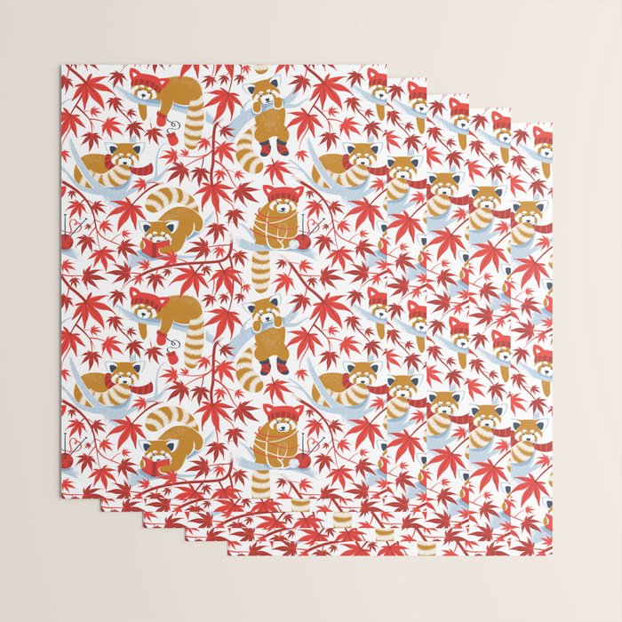Red panda blending with the foliage // white background desert sun brown cozy animals fog blue tree branches red acer leaves Wrapping Paper Gallery Image 3