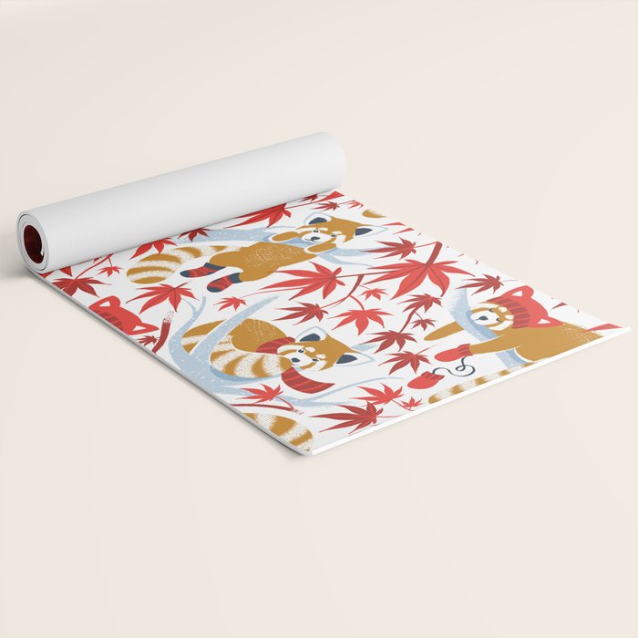 Red panda blending with the foliage // white background desert sun brown cozy animals fog blue tree branches red acer leaves Yoga Mat Gallery Image 2