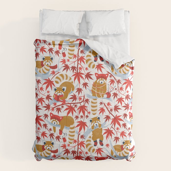 Red panda blending with the foliage // white background desert sun brown cozy animals fog blue tree branches red acer leaves Comforter Gallery Image 6