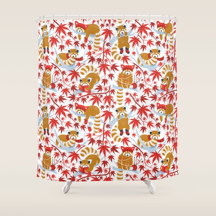 Red panda blending with the foliage // white background desert sun brown cozy animals fog blue tree branches red acer leaves Shower Curtain Gallery Image 1