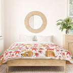 Red panda blending with the foliage // white background desert sun brown cozy animals fog blue tree branches red acer leaves Duvet Cover Gallery Image 3