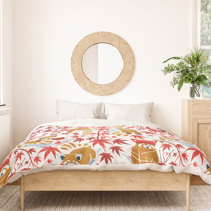 Red panda blending with the foliage // white background desert sun brown cozy animals fog blue tree branches red acer leaves Duvet Cover Gallery Image 3