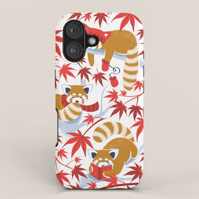 Red panda blending with the foliage // white background desert sun brown cozy animals fog blue tree branches red acer leaves iPhone Case Gallery Image 1