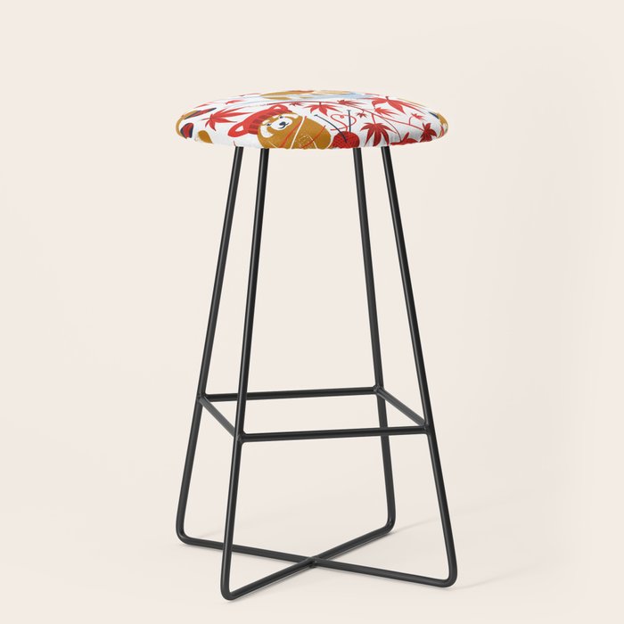 Red panda blending with the foliage // white background desert sun brown cozy animals fog blue tree branches red acer leaves Stool