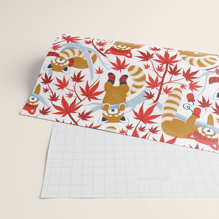 Red panda blending with the foliage // white background desert sun brown cozy animals fog blue tree branches red acer leaves Wrapping Paper Gallery Image 2