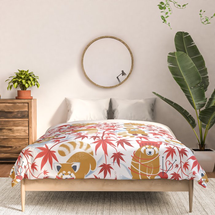 Red panda blending with the foliage // white background desert sun brown cozy animals fog blue tree branches red acer leaves Comforter Gallery Image 3