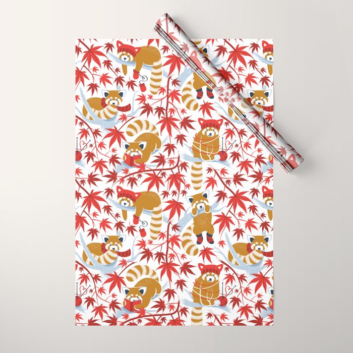 Red panda blending with the foliage // white background desert sun brown cozy animals fog blue tree branches red acer leaves Wrapping Paper