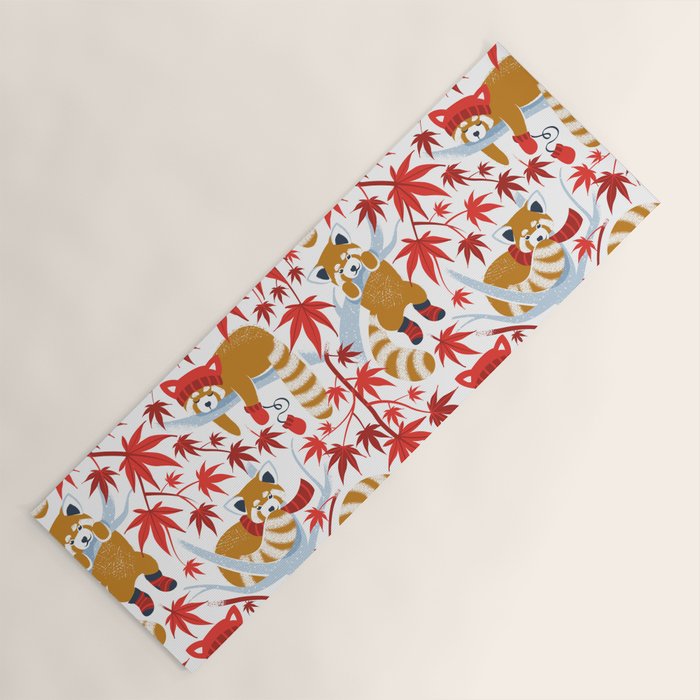 Red panda blending with the foliage // white background desert sun brown cozy animals fog blue tree branches red acer leaves Yoga Mat Gallery Image 1