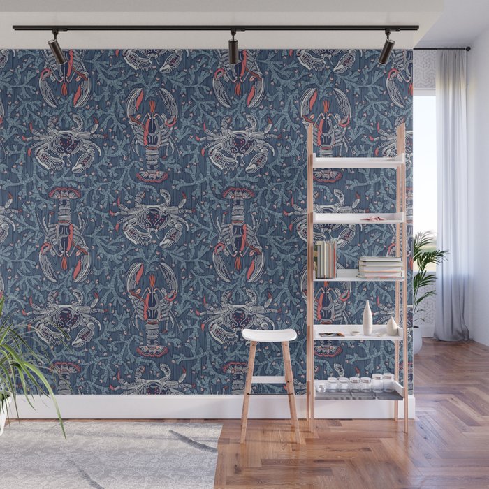 Lobster and crab coastal nostalgia navy Wall Mural Gallery Image 1