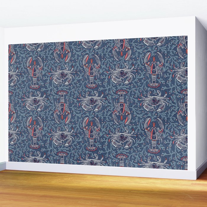 Lobster and crab coastal nostalgia navy Wall Mural Gallery Image 2