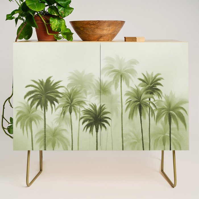 Lush Green Palm Grove Watercolor Art Credenza Gallery Image 1
