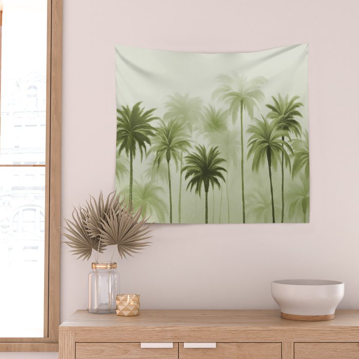 Lush Green Palm Grove Watercolor Art Wall Tapestry Gallery Image 2