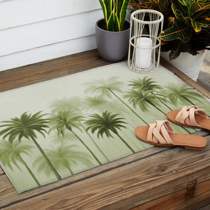 Lush Green Palm Grove Watercolor Art Outdoor Rug Gallery Image 2