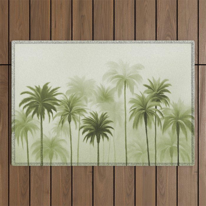 Lush Green Palm Grove Watercolor Art Outdoor Rug Gallery Image 1
