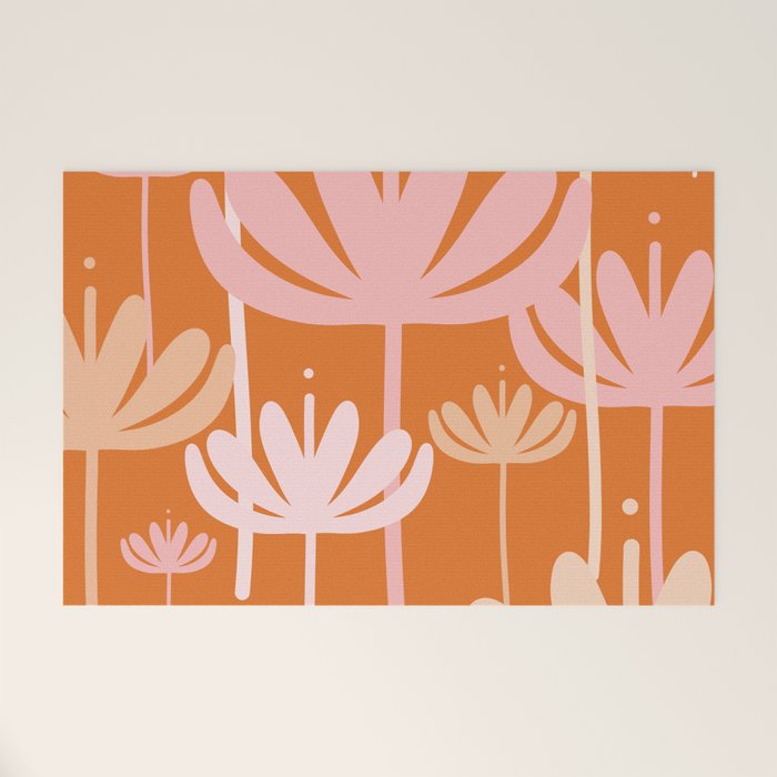 Bali Flowers Cheerful Floral Pattern in Pink and Orange Welcome Mat Gallery Image 1