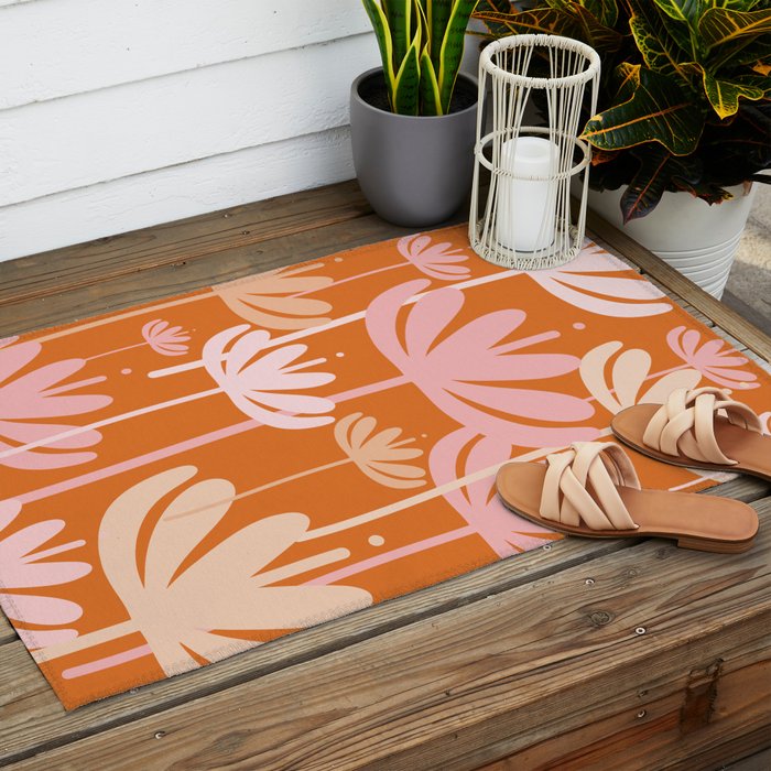 Bali Flowers Cheerful Floral Pattern in Pink and Orange Outdoor Rug Gallery Image 2