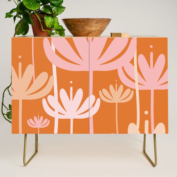 Bali Flowers Cheerful Floral Pattern in Pink and Orange Credenza Gallery Image 1