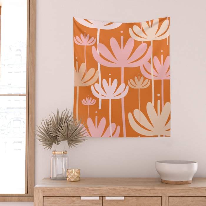 Bali Flowers Cheerful Floral Pattern in Pink and Orange Wall Tapestry Gallery Image 2