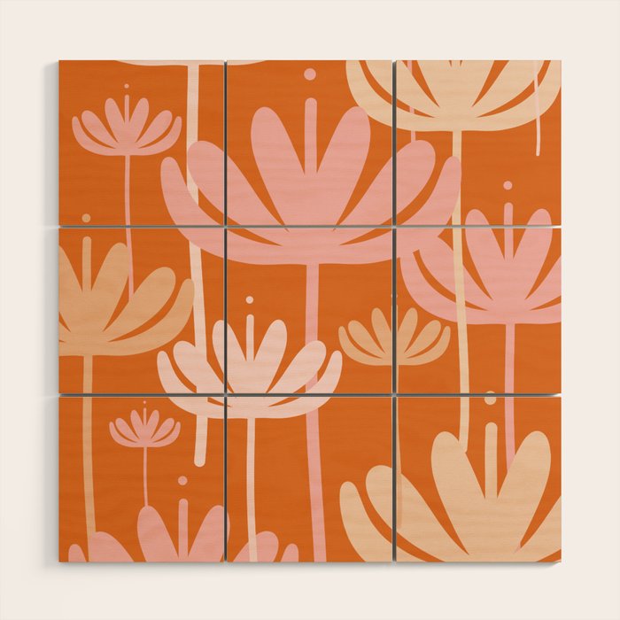 Bali Flowers Cheerful Floral Pattern in Pink and Orange Wood Wall Art Gallery Image 1