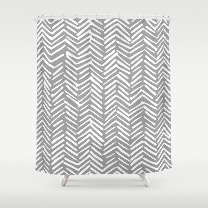 Abstract Herringbone Pattern, Rustic, Gray and White Shower Curtain Gallery Image 1