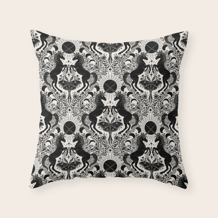 Celestial Unicorn Damask Cream & Black Throw Pillow Gallery Image 1