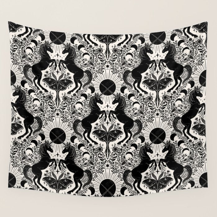 Celestial Unicorn Damask Cream & Black Wall Tapestry Gallery Image 4