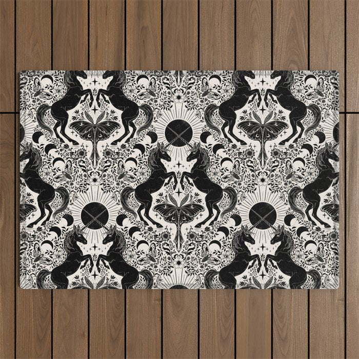 Celestial Unicorn Damask Cream & Black Outdoor Rug Gallery Image 1