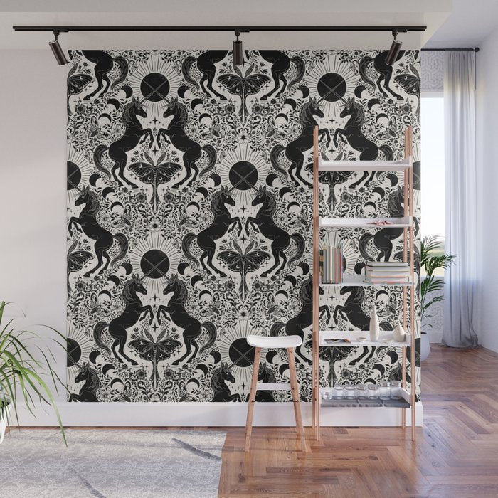 Celestial Unicorn Damask Cream & Black Wall Mural Gallery Image 1