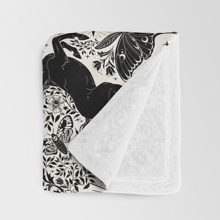 Celestial Unicorn Damask Cream & Black Throw Blanket Gallery Image 3