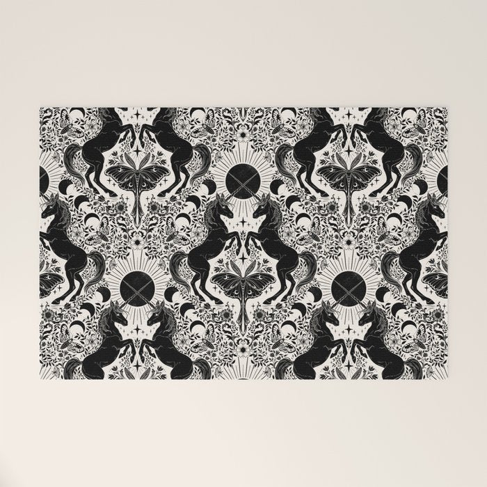 Celestial Unicorn Damask Cream & Black Welcome Mat Gallery Image 1