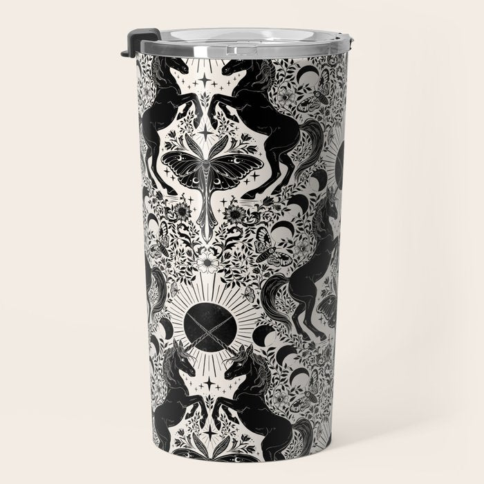 Celestial Unicorn Damask Cream & Black Travel Mug Gallery Image 3
