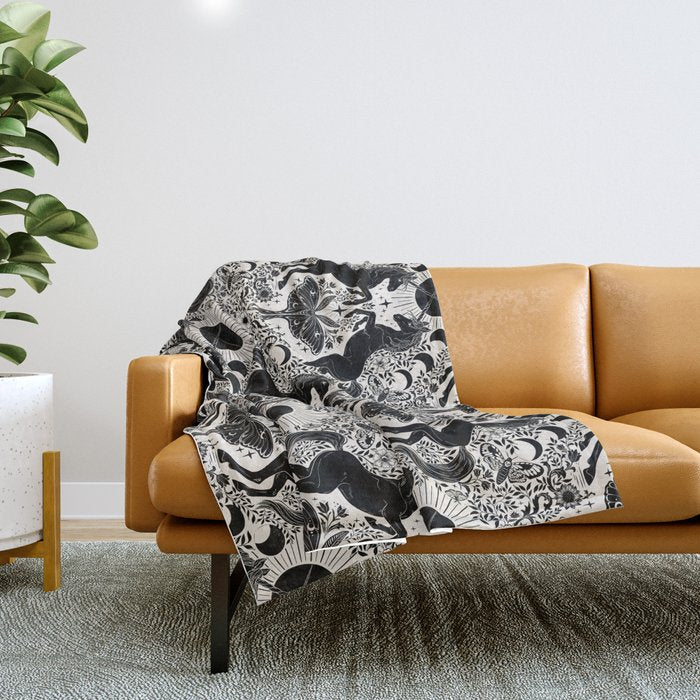 Celestial Unicorn Damask Cream & Black Throw Blanket Gallery Image 1