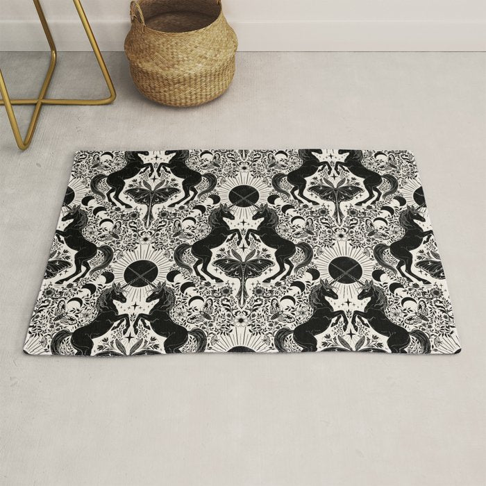 Celestial Unicorn Damask Cream & Black Rug Gallery Image 1