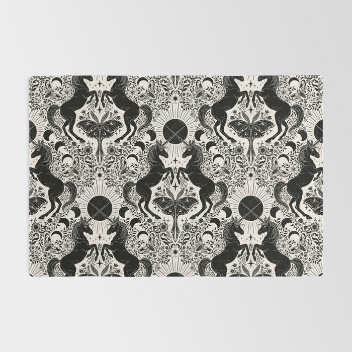 Celestial Unicorn Damask Cream & Black Rug Gallery Image 2