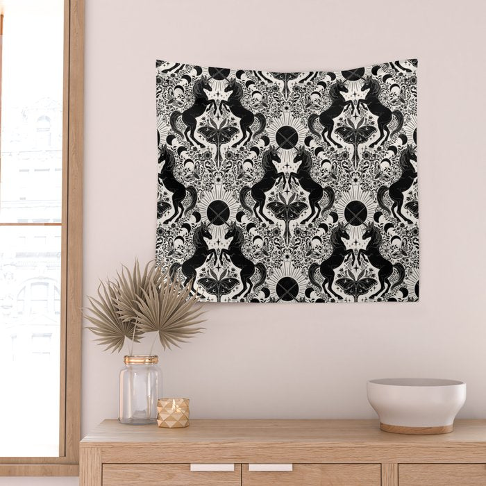 Celestial Unicorn Damask Cream & Black Wall Tapestry Gallery Image 2