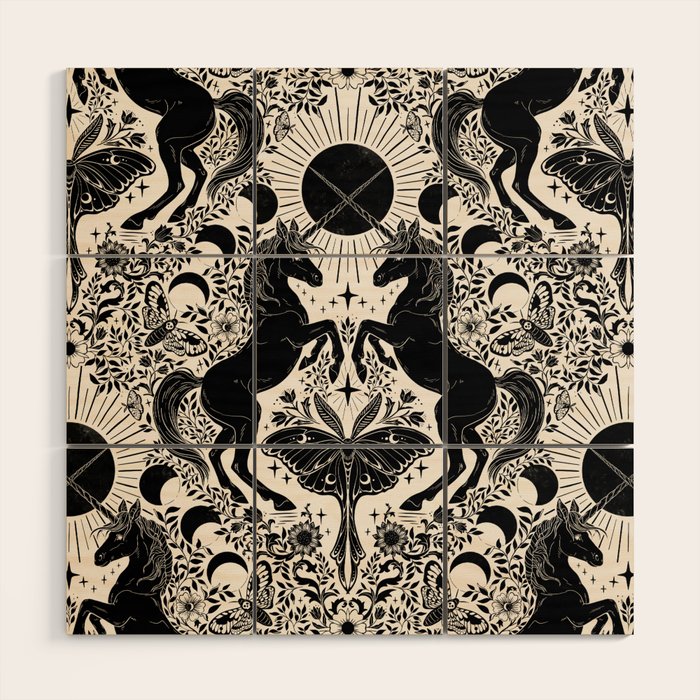 Celestial Unicorn Damask Cream & Black Wood Wall Art Gallery Image 1