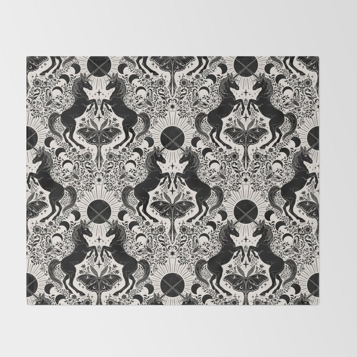 Celestial Unicorn Damask Cream & Black Throw Blanket Gallery Image 2