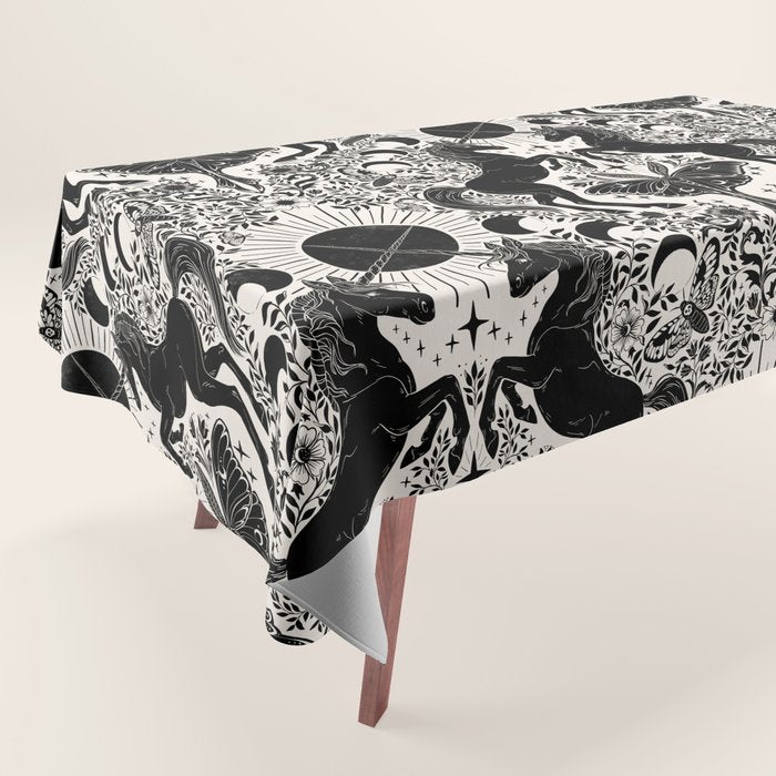 Celestial Unicorn Damask Cream & Black Tablecloth Gallery Image 1