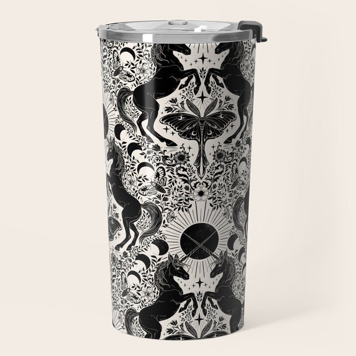 Celestial Unicorn Damask Cream & Black Travel Mug Gallery Image 2