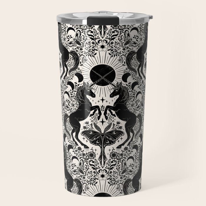 Celestial Unicorn Damask Cream & Black Travel Mug Gallery Image 1