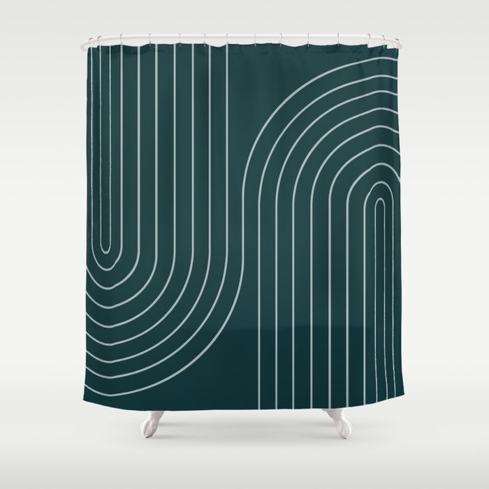 Minimal Line Curvature XCII Dark Teal Green Mid Century Modern Arch Abstract Shower Curtain Gallery Image 1